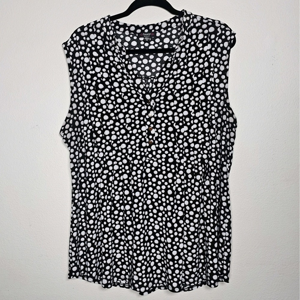 Cocomo Womens 2X Black White Polka Dot‎ Top Sleeveless Stretch Knit Pleated
